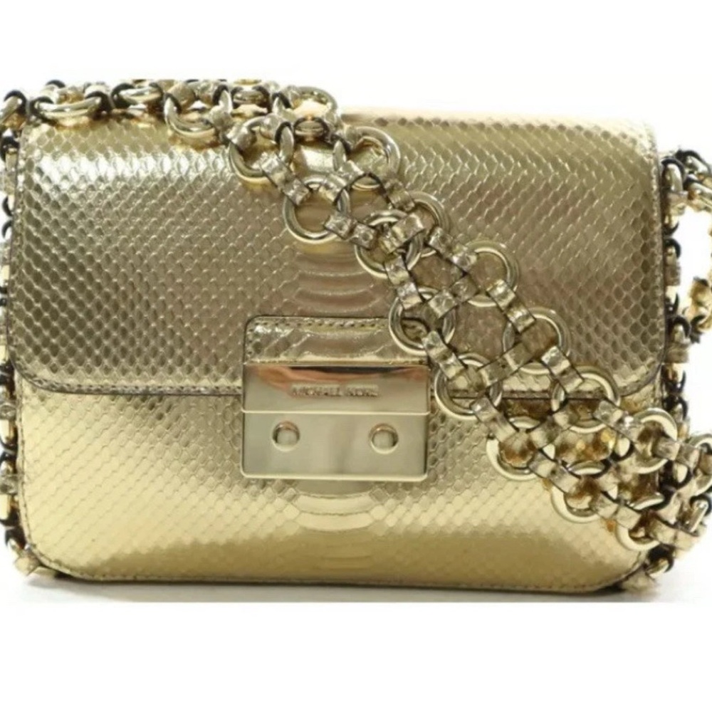 MICHAEL KORS Gold Metallic Gold Python Embossed Leather Piper Shoulder Bag Woman